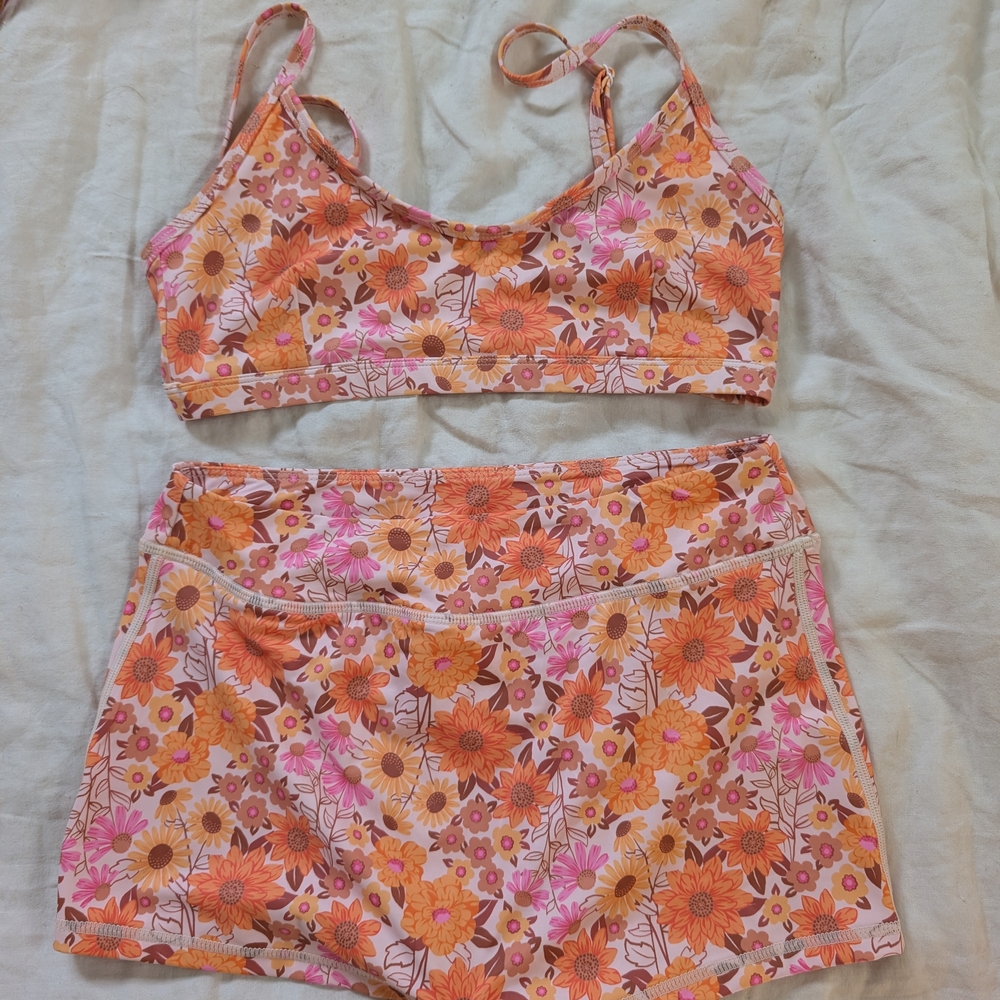 Floral Orange & Pink Bikini Top and Shorts Swim Set